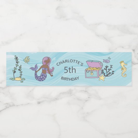 Donkere Huid Paarse Zeemeermin Verjaardag Waterfles Etiket (Enkel label)