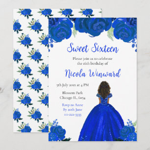 Donkere huid Princess Blue Floral Sweet Sixteen Kaart