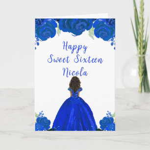 Donkere huid Princess Blue Floral Sweet Sixteen Kaart