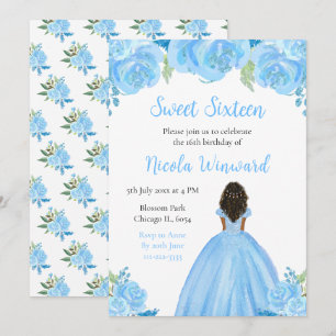 Donkere huid Princess Blue Floral Sweet Sixteen Kaart