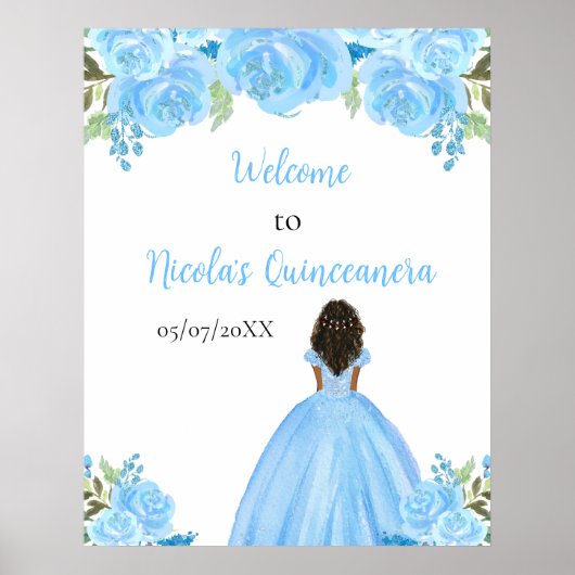 Donkere huid Princess Blue Quinceanera Welkom Poster (Voorkant)