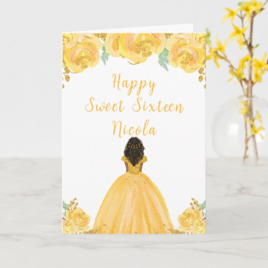 Donkere huid Princess Gold Sweet Sixteen Kaart (Gele Bloem)