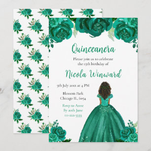 Donkere huid Princess Green Floral Quinceanera Kaart