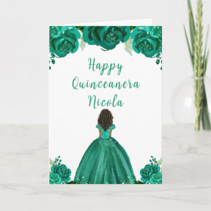 Donkere huid Princess Green Floral Quinceanera Kaart