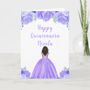 Donkere Huid Princess Paarse Bloemen Quinceanera Kaart