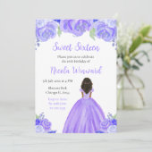 Donkere Huid Princess Paarse Bloemen Sweet Sixteen Kaart (Staand voorkant)