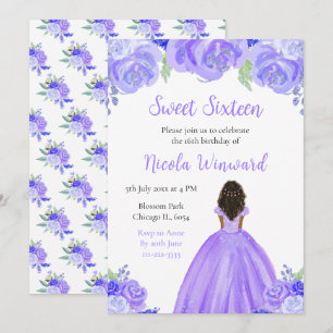 Donkere Huid Princess Paarse Bloemen Sweet Sixteen Kaart