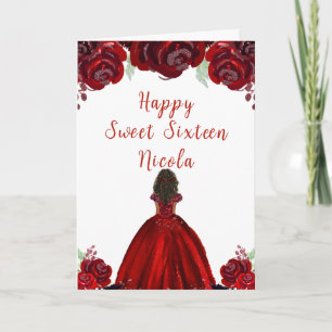 Donkere huid Princess Red Floral Sweet Sixteen Kaart