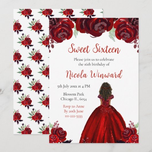 Donkere huid Princess Red Floral Sweet Sixteen Kaart (Voorkant / Achterkant)