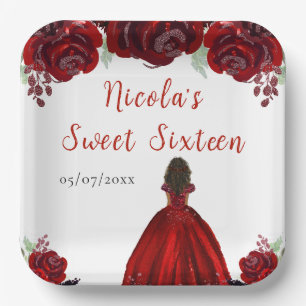 Donkere huid Princess Red Floral Sweet Sixteen Papieren Bordje