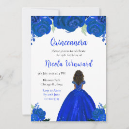 Donkere Huid Prinses Blauw Bloemen Quinceanera Kaart