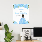 Donkere huid Prinses Blauw Bloemen Verjaardag Welk Poster (Thuiskantoor)