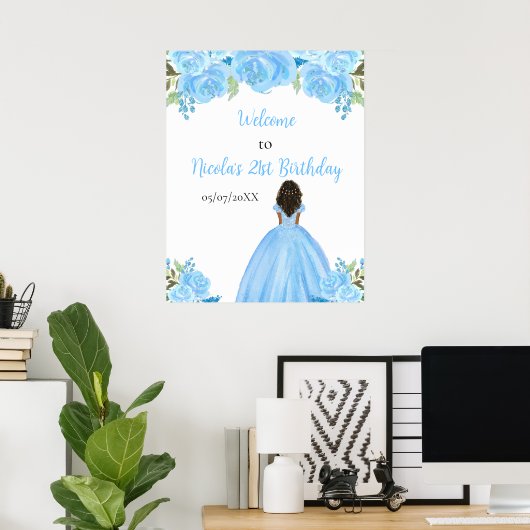 Donkere huid Prinses Blauw Bloemen Verjaardag Welk Poster (Thuiskantoor)