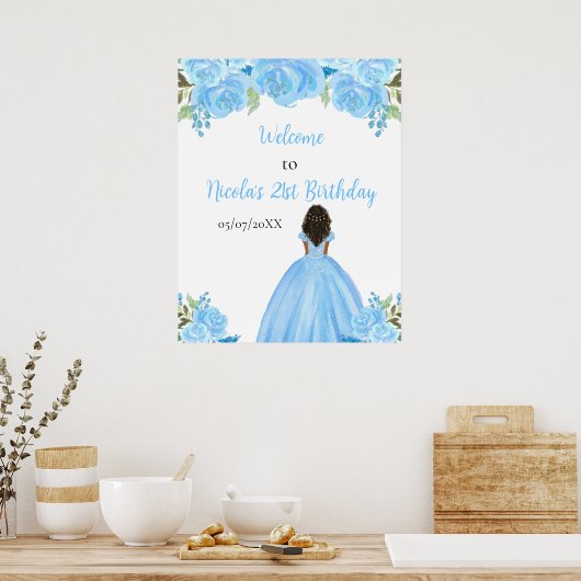 Donkere huid Prinses Blauw Bloemen Verjaardag Welk Poster (Keuken)