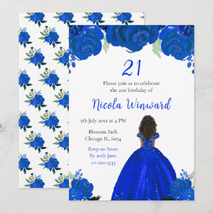Donkere huid Prinses Blauw Bloemen Verjaardagsfees Kaart