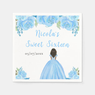 Donkere Huid Prinses Blauwe Bloemige Sweet Sixteen Servet