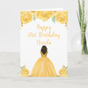 Donkere Huid Prinses Goud Bloemen Verjaardagsfeest Kaart