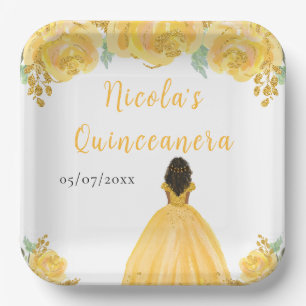 Donkere Huid Prinses Gouden Bloemige Quinceanera Papieren Bordje