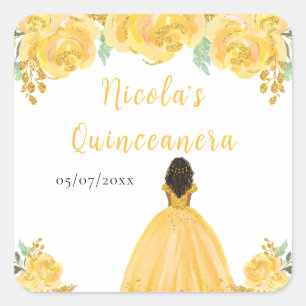 Donkere Huid Prinses Gouden Bloemige Quinceanera Vierkante Sticker