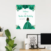 Donkere huid Prinses Groene Bloemen Verjaardag Wel Poster (Thuiskantoor)