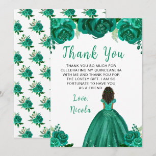 Donkere Huid Prinses Groene Bloemige Quinceanera Bedankkaart