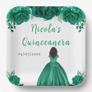 Donkere Huid Prinses Groene Bloemige Quinceanera Papieren Bordje