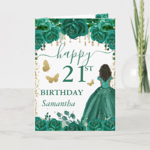Donkere huid prinses groene jurk verjaardag kaart