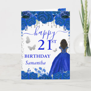 Donkere Huid Prinses Koninklijk Blauwe Jurk Verjaa Kaart