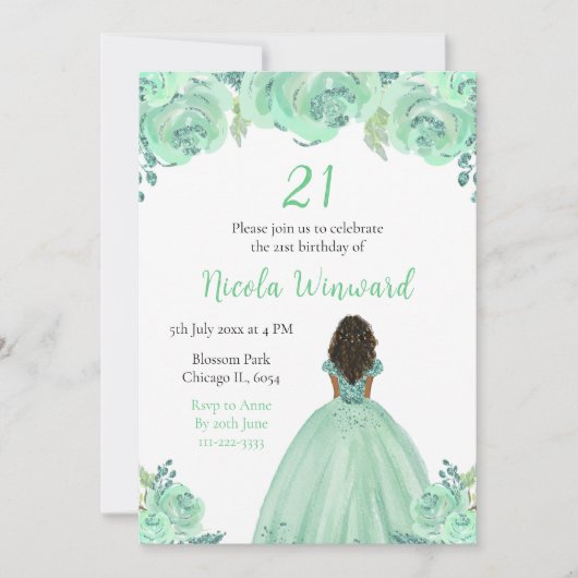 Donkere Huid Prinses Mint Bloemen Verjaardagsfeest Kaart (Voorkant)