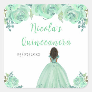 Donkere Huid Prinses Mint Bloemige Quinceanera Vierkante Sticker