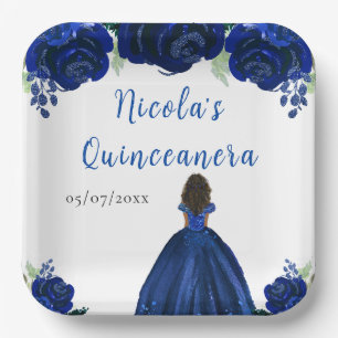 Donkere Huid Prinses Navy Bloemige Quinceanera Papieren Bordje