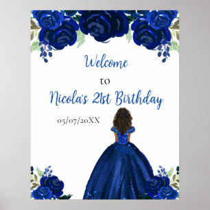 Donkere Huid Prinses Navy Bloemige Verjaardags Wel Poster
