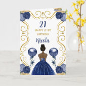 Donkere Huid Prinses Navy Verjaardagswensen Kaart (Gele Bloem)