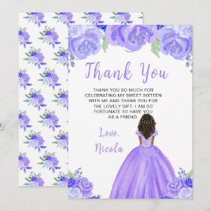 Donkere Huid Prinses Paarse Bloemige Sweet Sixteen Bedankkaart