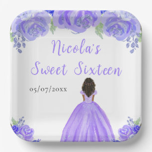 Donkere Huid Prinses Paarse Bloemige Sweet Sixteen Papieren Bordje