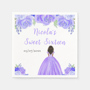 Donkere Huid Prinses Paarse Bloemige Sweet Sixteen Servet