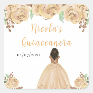 Donkere Huid Prinses Peach Bloemige Quinceanera Vierkante Sticker