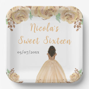 Donkere Huid Prinses Peach Bloemige Sweet Sixteen Papieren Bordje