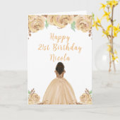 Donkere huid prinses perzik bloemenverjaardagsfees kaart (Gele Bloem)