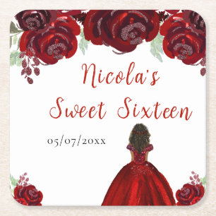 Donkere Huid Prinses Rood Bloemig Sweet Sixteen Kartonnen Onderzetters