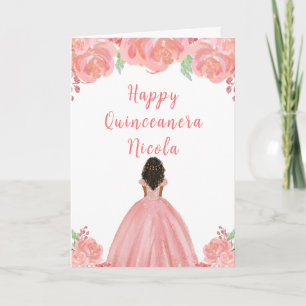 Donkere Huid Prinses Roze Bloemen Quinceanera Kaart