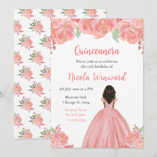 Donkere Huid Prinses Roze Bloemen Quinceanera Kaart