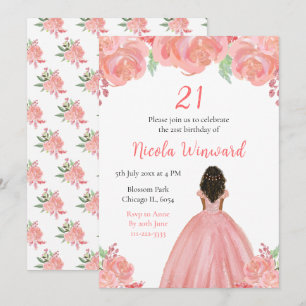 Donkere Huid Prinses Roze Bloemen Verjaardagsfeest Kaart