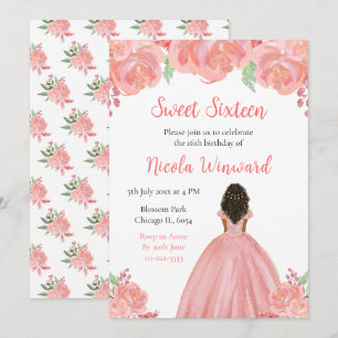 Donkere Huid Prinses Roze Bloemen Zoet Zestien Kaart
