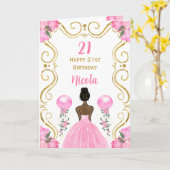 Donkere huid prinses roze Happy Birthday Kaart (Gele Bloem)