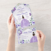 Donkere huidskleur Lila Paarse Prinses Quinceañera All In One Uitnodiging (Afscheurbaar)