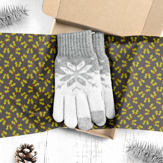 Donkere Hulstbladeren En Bessen Kerstmis Tissuepapier