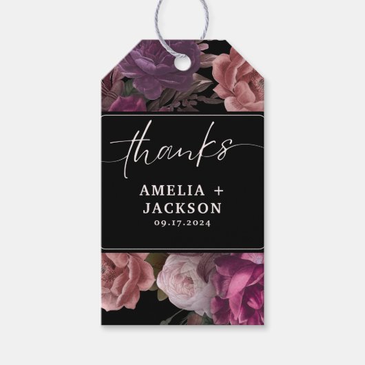 Donkere humeurige bordeaukastanjebloem bloemenbrui cadeaulabel (Voorkant)