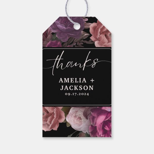 Donkere humeurige bordeaukastanjebloem bloemenbrui cadeaulabel (Achterkant)