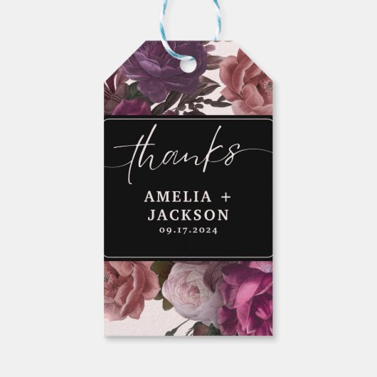 Donkere humeurige bordeaukastanjebloem bloemenbrui cadeaulabel (Achterkant)